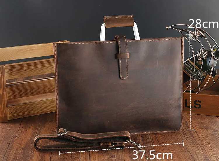 Mens Top Grain Crazy Horse Leather Briefcase British Vintage Slim Horizontal Document Organizer Durable Professional Work Bag W250610