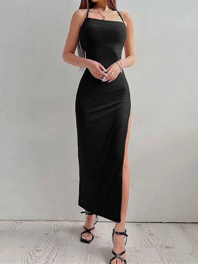 Sexy Black Long Bodycon Dress Women Summer Sleeveless Blackless Halter Neck Spaghetti Strap Dresses High Split Vestidos XJ250610