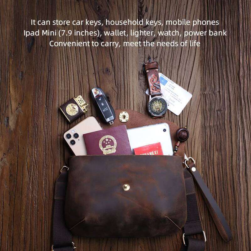 Genuine Men's Vintage Pouch, Cowskin Simple Shoulder Bag, Leather Retro Messenger Bag
