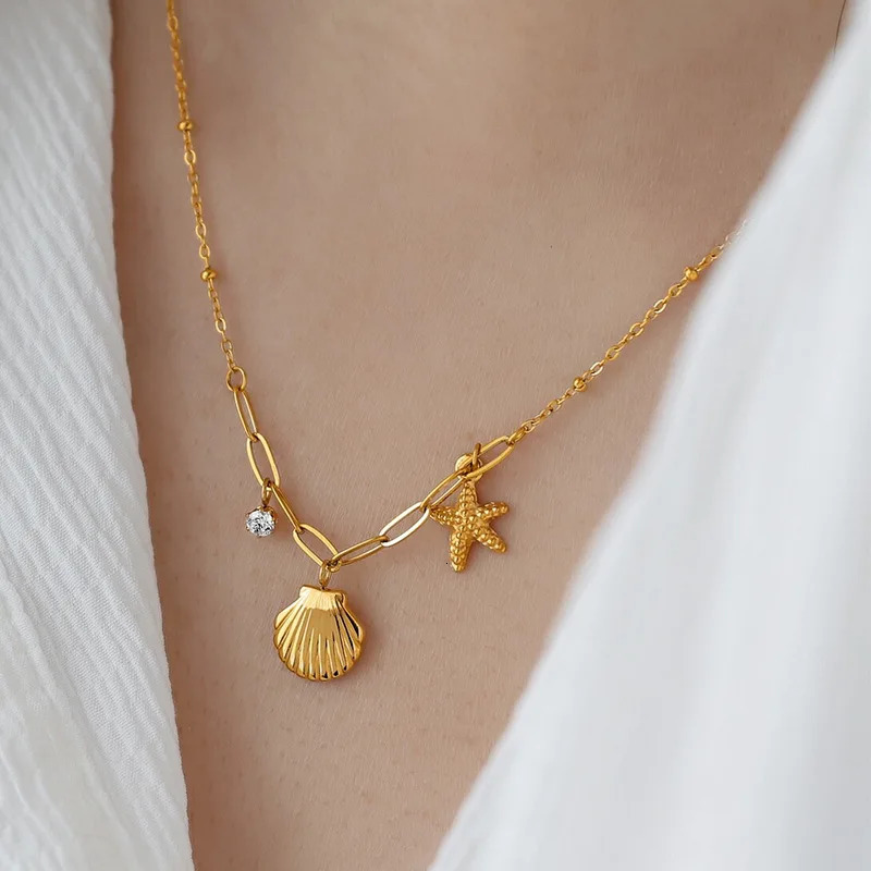 316L Stainless Steel Starfish Shell Zircon Pendant Necklace For Women Fashion Gift Gold Color Neck Chain Jewelry 250609