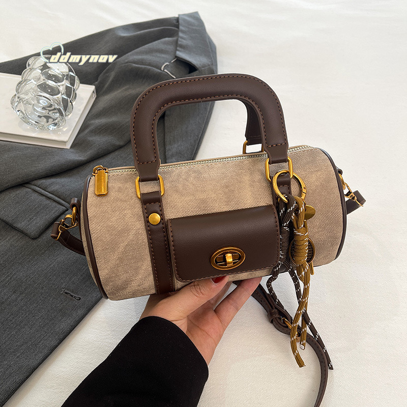 New 2025 Fashion Handbag Versatile Commuter Color-Block Tote Cylinder Single Shoulder Crossbody Bag for Women ddmynov