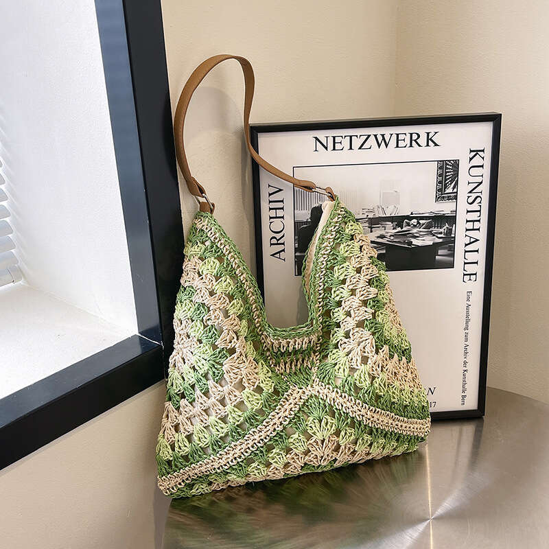 Straw Beach Tote Trendy Large Capacity Versatile Fashion Paper Rope Woven Vacation Commuter Belt Underarm Shoulder Bag Straw Large Tote
