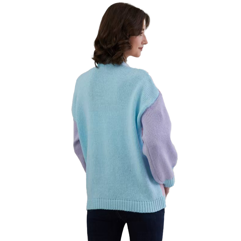 Fashion sweater cardigan autumn new female V-neck contrast stitching loose coat knitted sweater