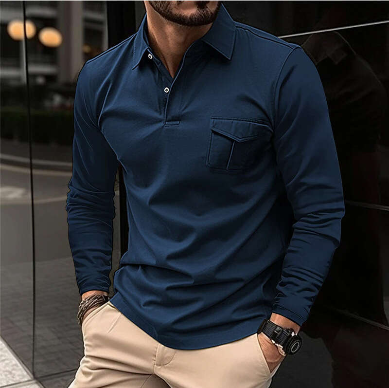 Autumn Winter New Men's Long Sleeve Casual Turn-Down Collar Sports Polo Shirt B5
