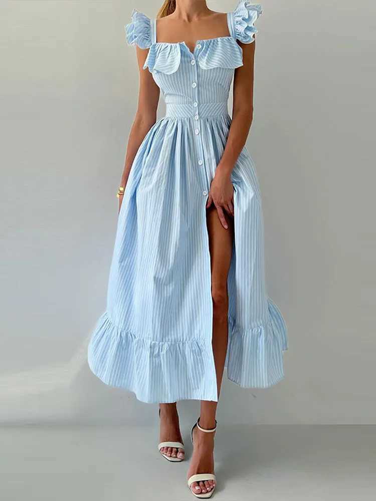 Flying Sleeve Ruffle Striped Slip Long Dress Women Elegant Square Collar Waist Cinching Pleat Party Dresses Chic Ladies Vestido XJ250610
