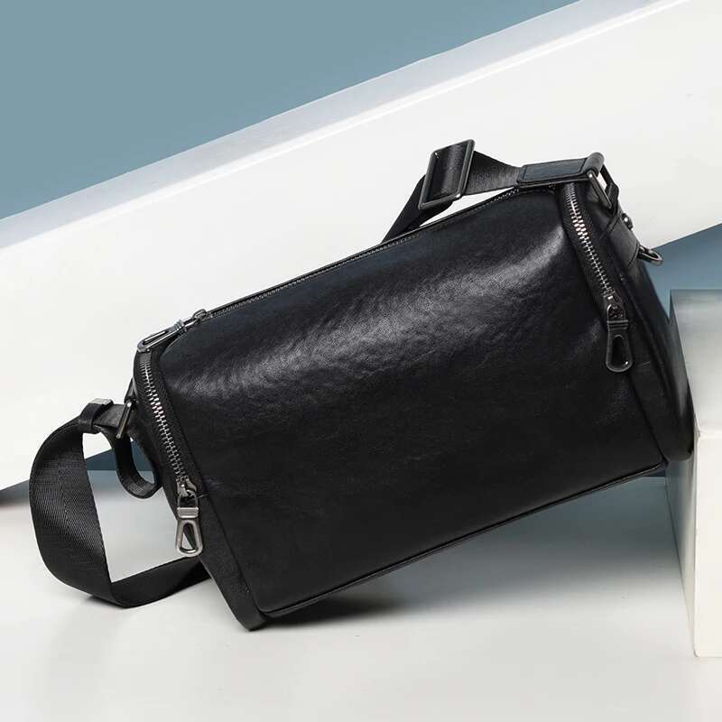 100% Genuine Leather Round Boston Bag Small Zipper Shoulder Men Fashion Messenger Crossbody Bags