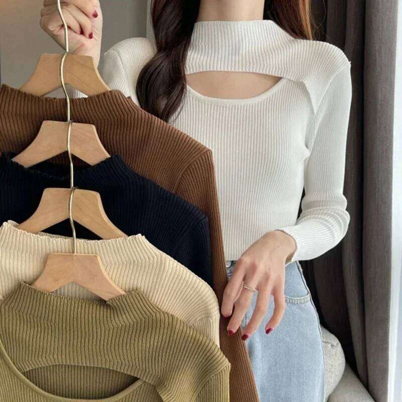 Half Turtle Neck Knit Sweaters Women Y2K Sexy Hollow Out Long Sleeves Slim Pullover Female Simple Solid All-match Jumper Spring