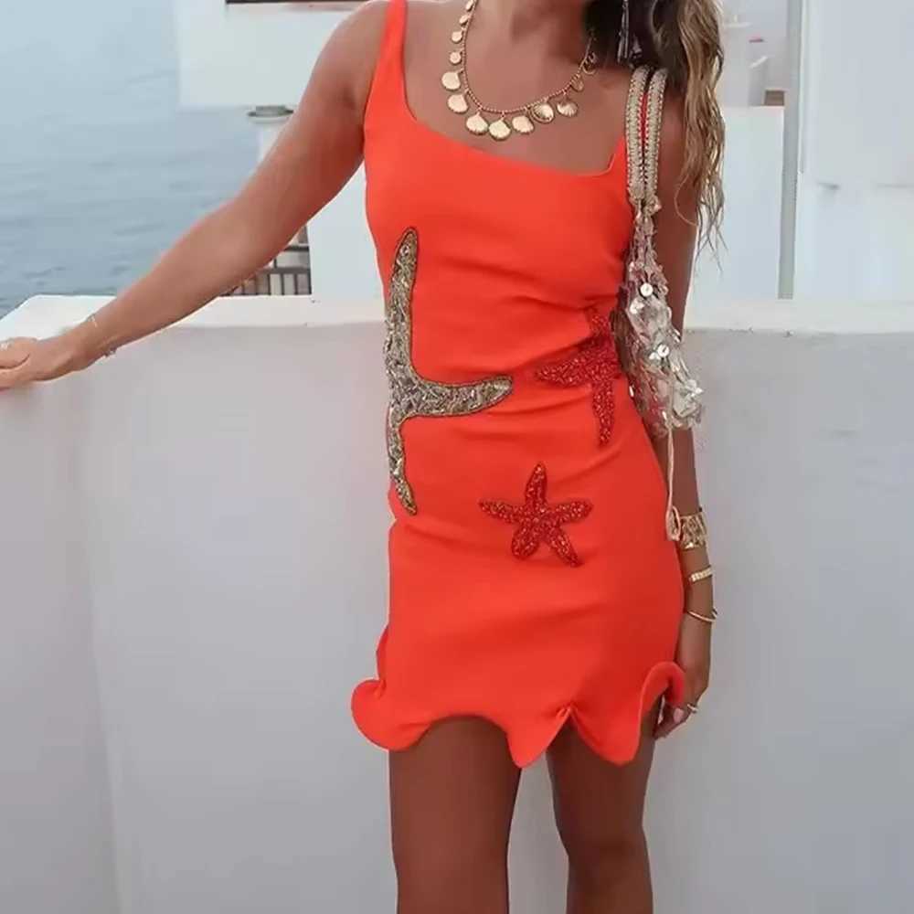 Chic Sparkling Starfish Ruffle Women Y2K Coquette Mini Dresses Elegant Sleeveless Backless Pleated Knit Dress Female Party Robe XJ250610