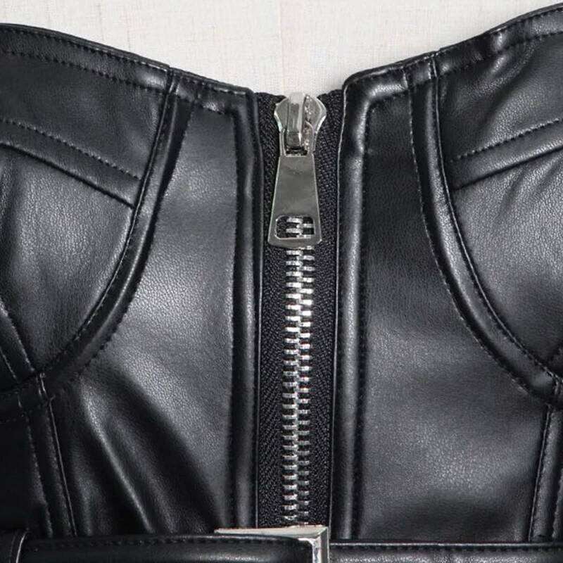 Lautaro Y2k Black Faux Leather Crop Top Women Square Neck Long Sleeve Zipper Cropped Jacket 2021 Sexy Backless Fashion 5Xl 6Xl