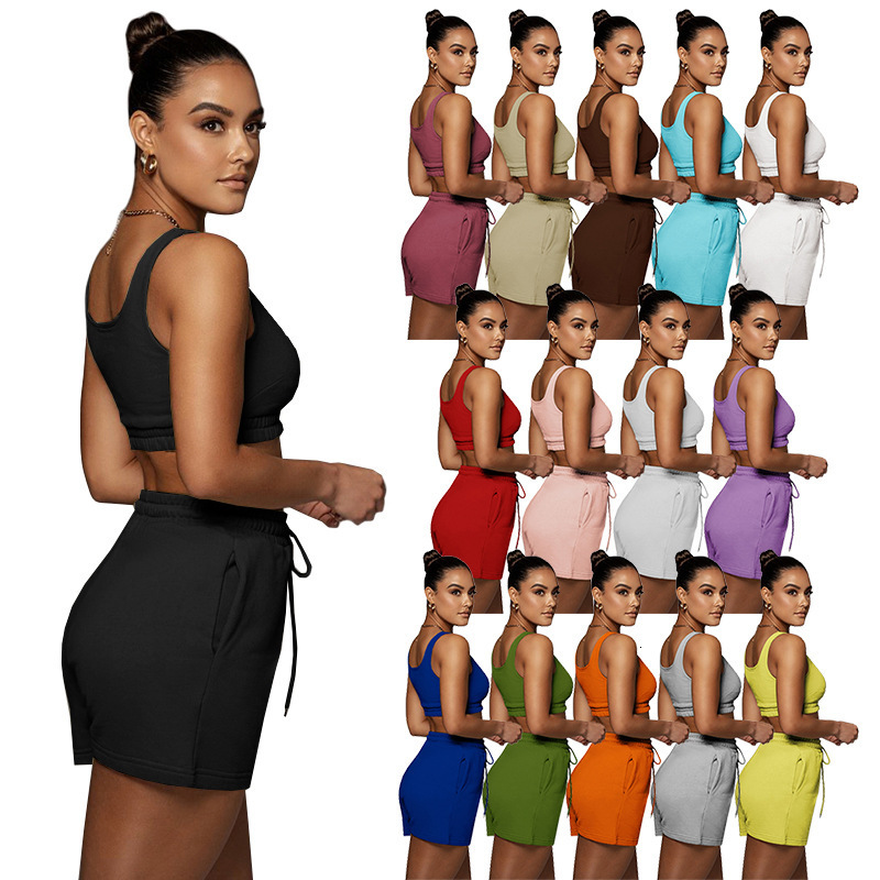 2022 womens solid color double-layer vest shorts sports exposed navel suit popular recommendation