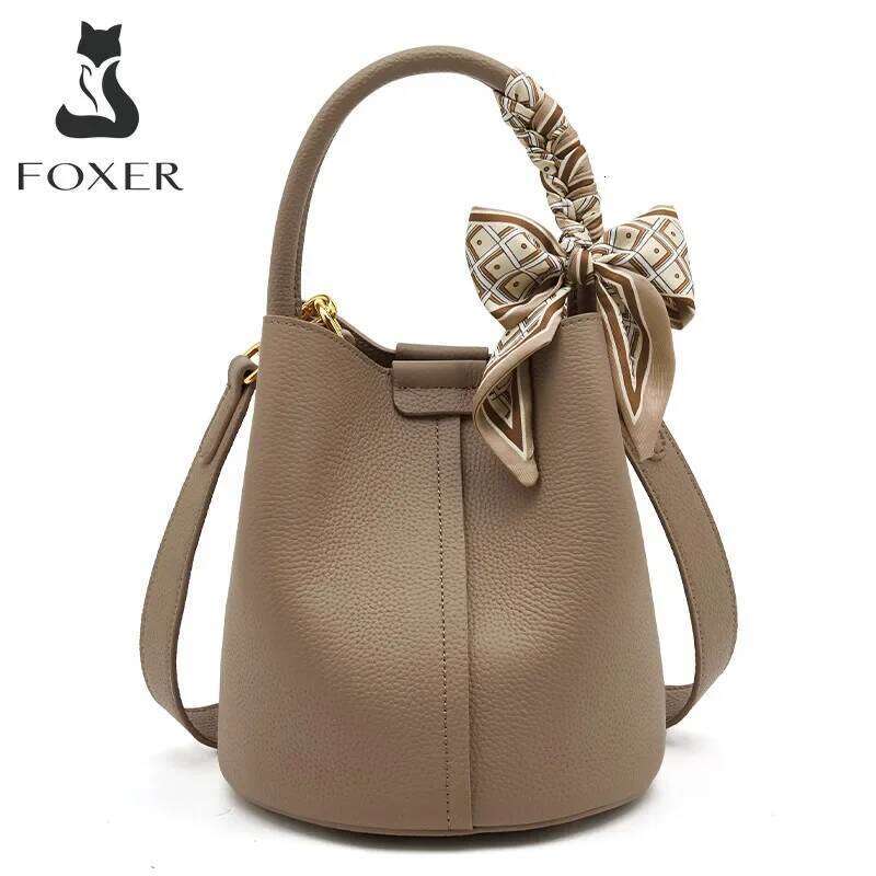 FOXER Women Shoulder Crossbody Handbag Lady Genuine Leather+ Microfiber Fashion Bucket Bag Gift for Lover