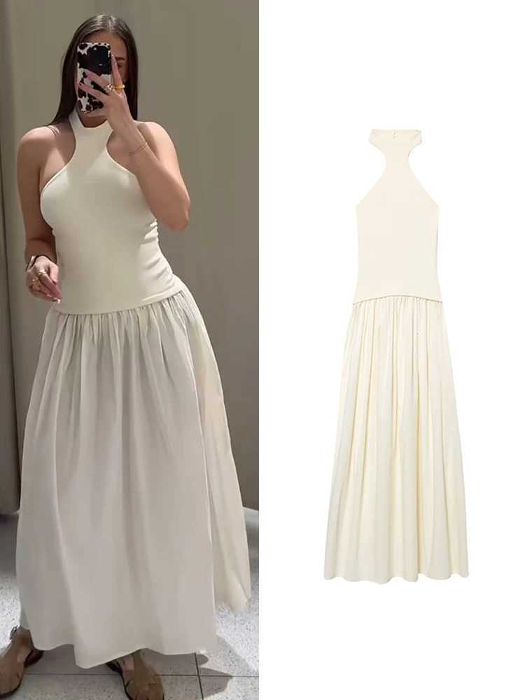 TFMLN Halter Backless Dress For Ladies Elegant Patchwork Design Sleeveless Open Back Summer Solid Party A-line Dresses New XJ250610