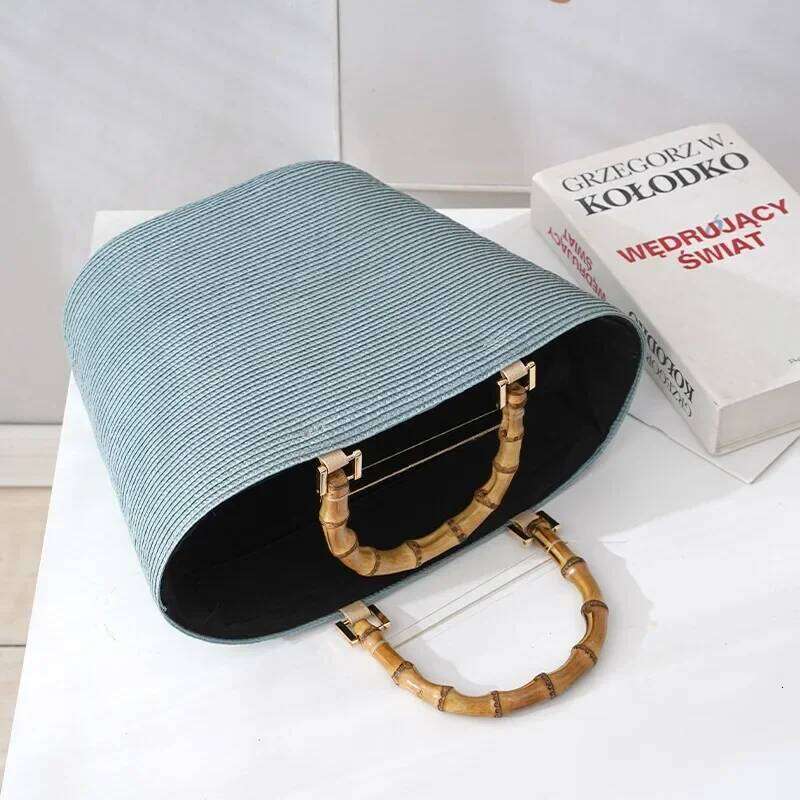 Large Capacity Bamboo Handle Straw Casual Rattan PP Grass Woven Color Matching Striped Tote Summer Beach Shoulder Bag