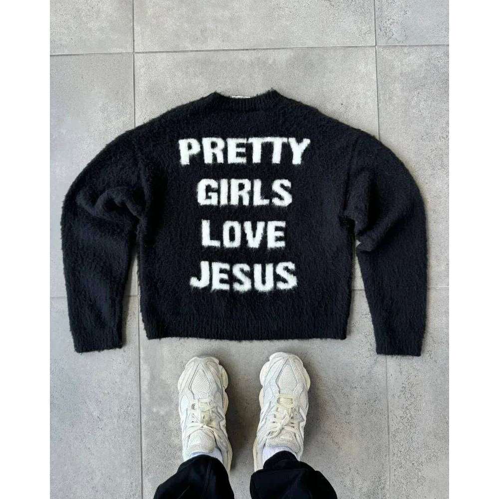 2025 American High Street Couple Sweater Men And Women Winter Loose Letter Design Crew-Neck Knitwear Street Trend Retro Pullover