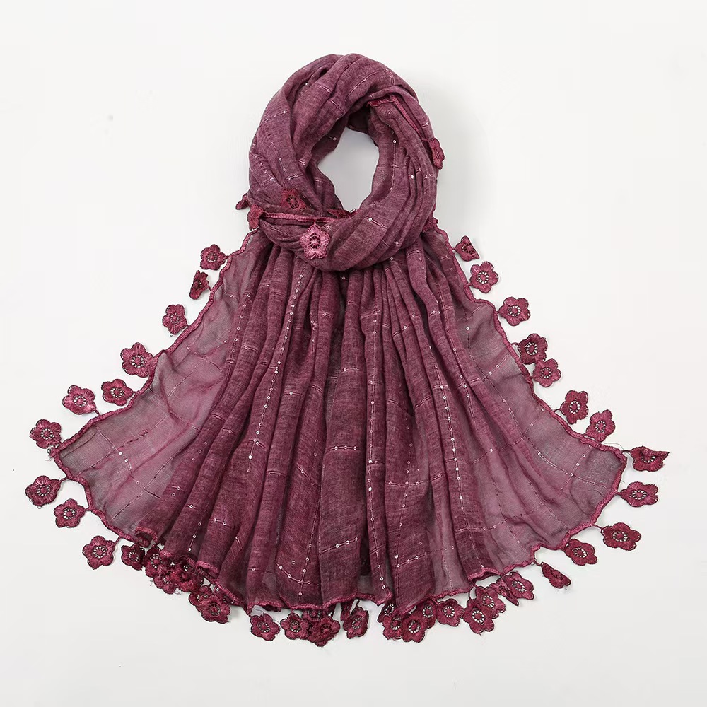 T934 new candy color tassel embroidered lace scarf cotton and linen feel silver sequins fashionable all-match headscarf shawl