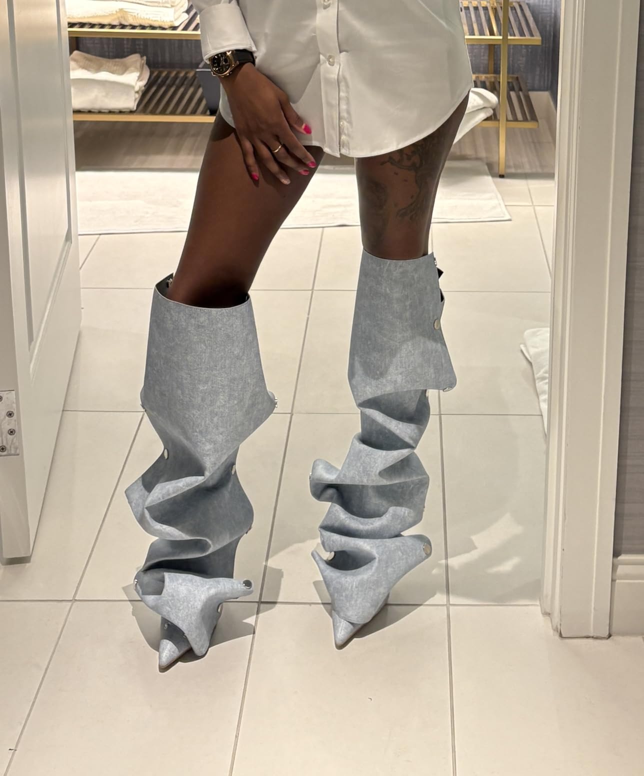 Arqa Womens Stiletto Heel Knee High Boots Pointed Toe Applique Denim Boot with Zipper Silver Buttons Fall Slouchy Boot