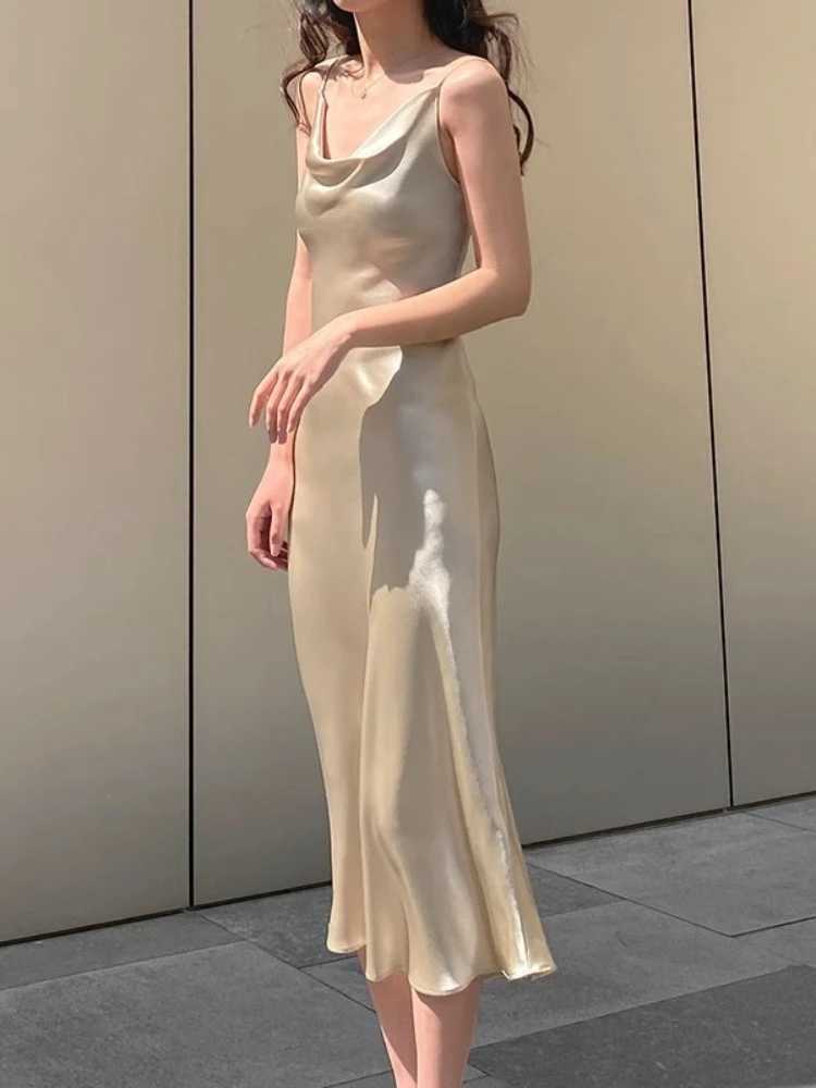 Women Satin Solid Color Swinging Collar Evening Dress Elegant Party Dresses New Summer Sexy Spaghetti Strap Backless Maxi Dress XJ250610