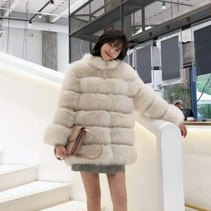 Mid-Length Stand Collar Faux Coat Fox Fur Women's Jacket