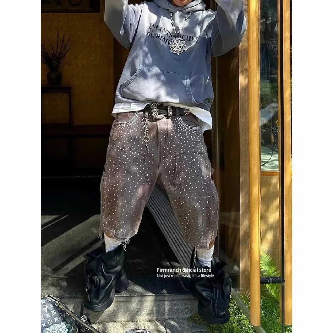 Firmranch New Full Rhinestone Jorts Men Women Black Shining Crop Pants High Street Gradient Color Sparkle Denim Shorts M250610