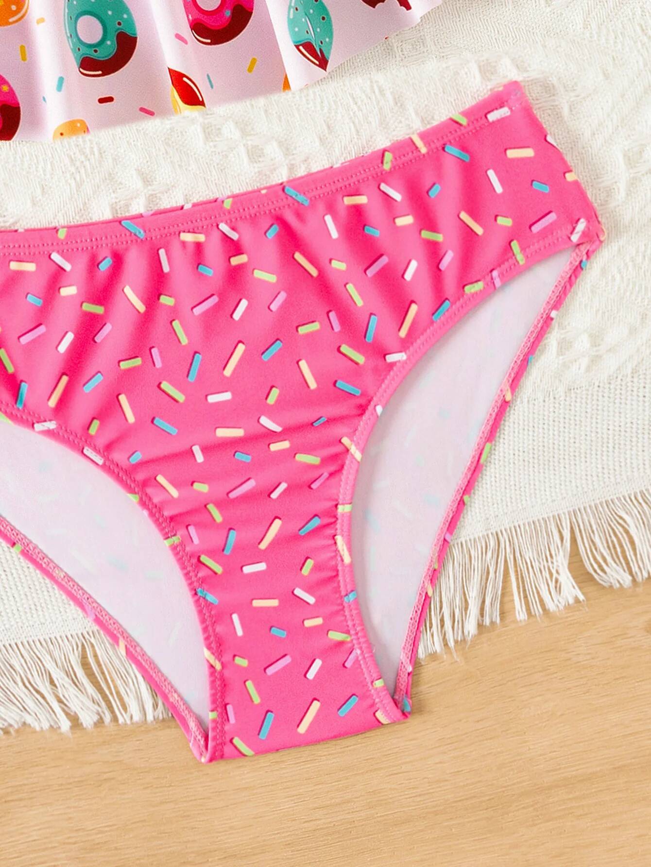 Donut Print Ruffle Deco Bikini Set Summer Beach Outdoor Cute 2-piece swimwear Contrast Adjustable Girls Kids Swimsuit