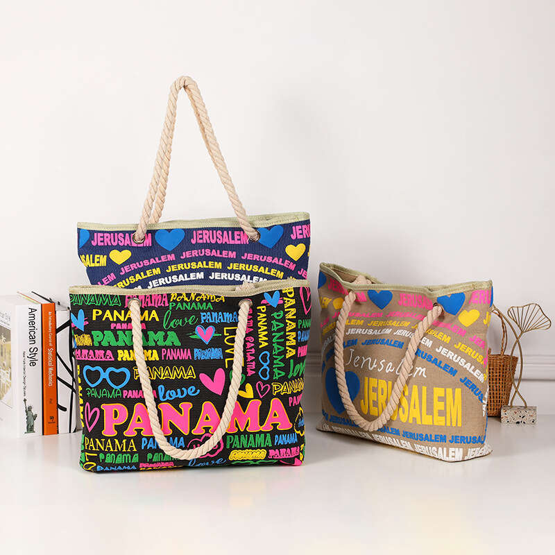 New Beach Printed Letter Personalized Shoulder Cotton Rope Tote Large Capacity Canvas Bag