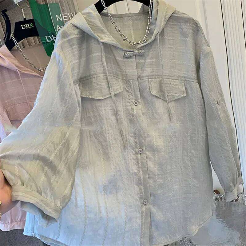 Spring Summer Hooded Sunscreen Shirt Coat Women2024new Fashion Loose Vasual Large Size Thin Tops Pure Colour Blouse Female