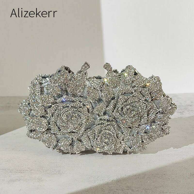 Alizekerr Rose Crystal Evening Clutch Bags Women New Boutique Sparkling Dia Flower Purses And Handbags Wedding Party
