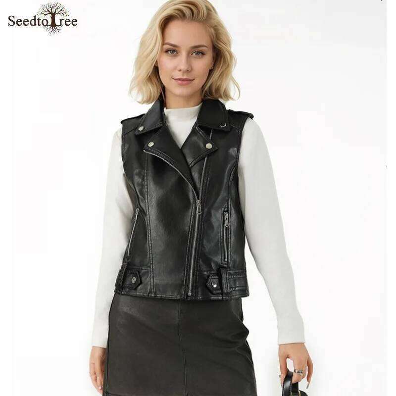Women's Vintage Solid Color Motorcycle Vests Zipper Pockets Leather Jacket Sleeveless Women Riding Vest Motor Biker Jackets