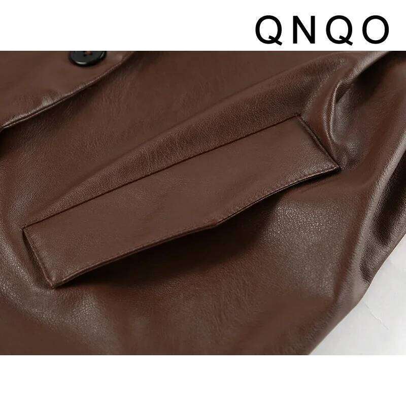 QNQO Faux Leather Jackets for Women Vintage Turn-down Collar Double-Breasted Coat Autumn Winter Fashion Female Loose Outerwear