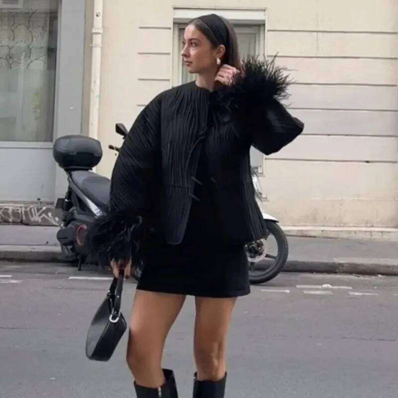Black Spliced Feather Cuff Lace Up Coat Women Fashion O Neck Long Sleeve Quilted Loose Jacket 2024 Autumn Lady Chic Streetwear