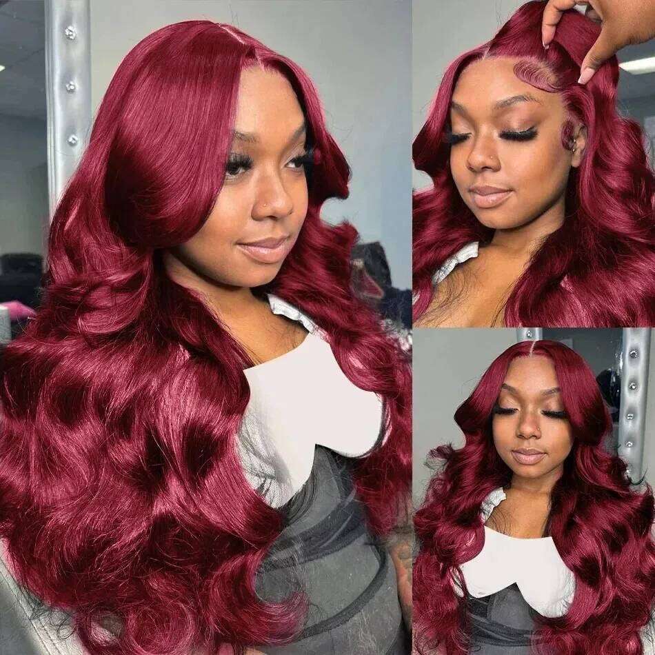 99J Bury Body Wave 13x4 Front Wig 13x6 100% Human Hair HD Transparent 40 Inch Lace Frontal Wigs Red Wine Brazilian 200%