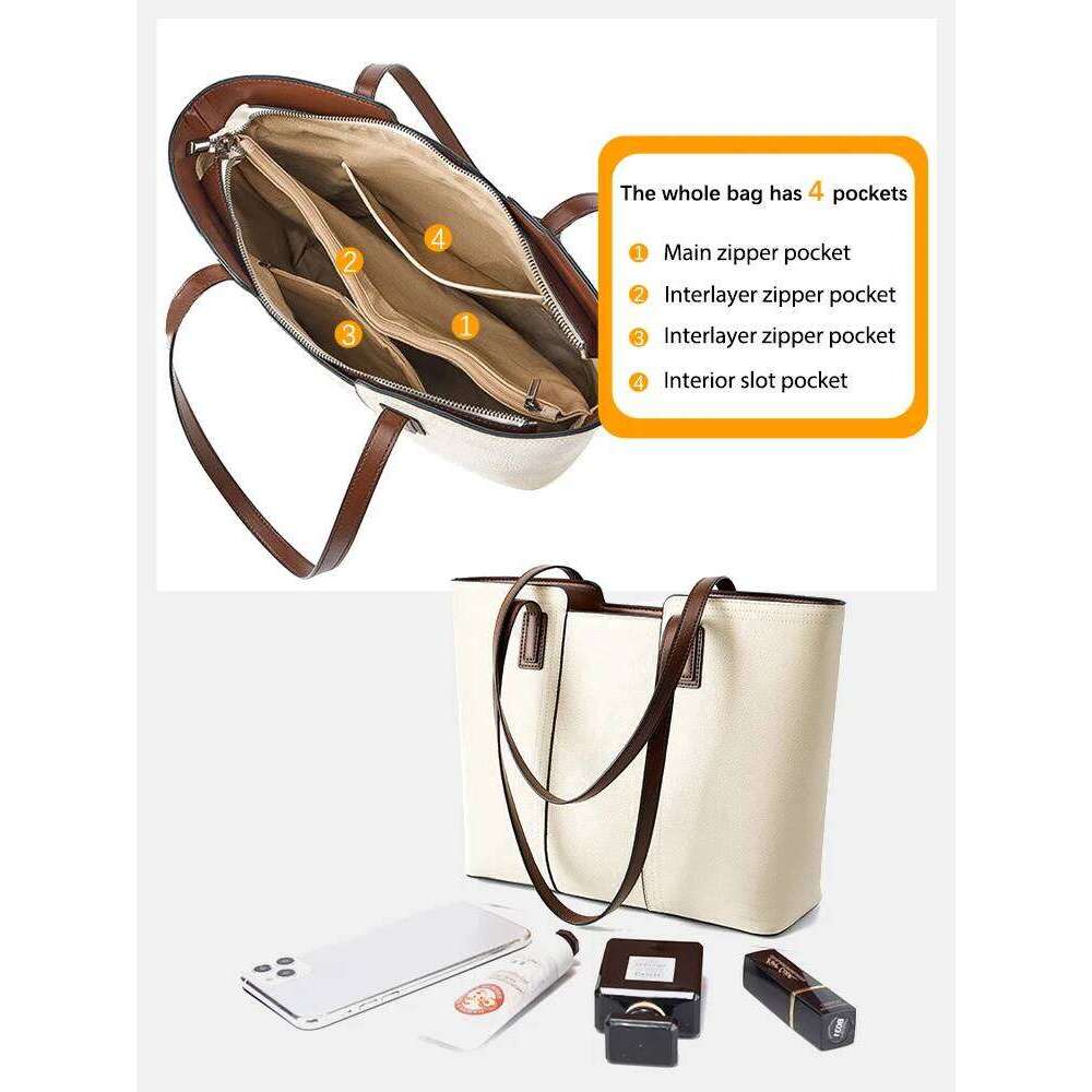 Zency 2024 Genuine Leather Women's Work Tote Bag Handbag Classic Elegant Beige Large Capacity Shopper Pocket Black Purse For A4