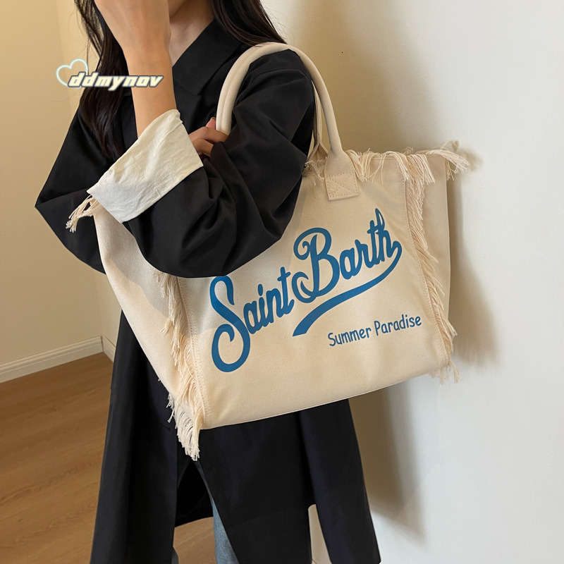 Large Capacity Tote with Letter Tassel Canvas Simple Commuter Student Shoulder Bag ddmynov