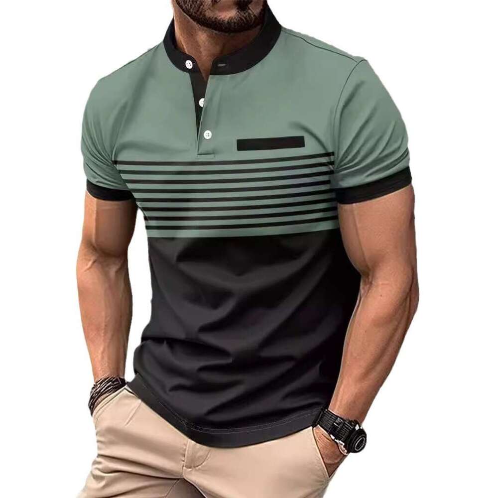 Summer New Fashion Striped Stand Collar Short Sleeve Polo Men's Golf Henley Shirt B5