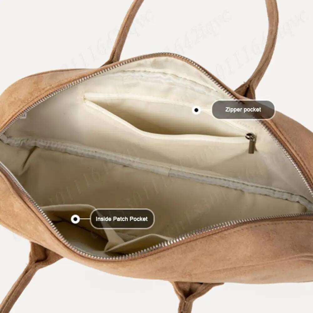Women Boston Tote Suede Shoulder Bag Zipper Bowling Handbag Solid Color Multi-Pocket Clutch Purse For Shopping Travel