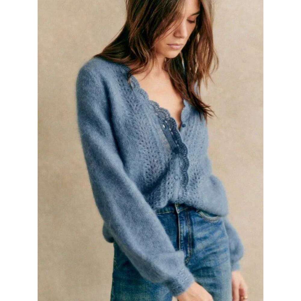Haze Blue Mohair Cardigan Autumn and Winter Crochet V-Neck Hollow Puff Sleeve Sweater Women