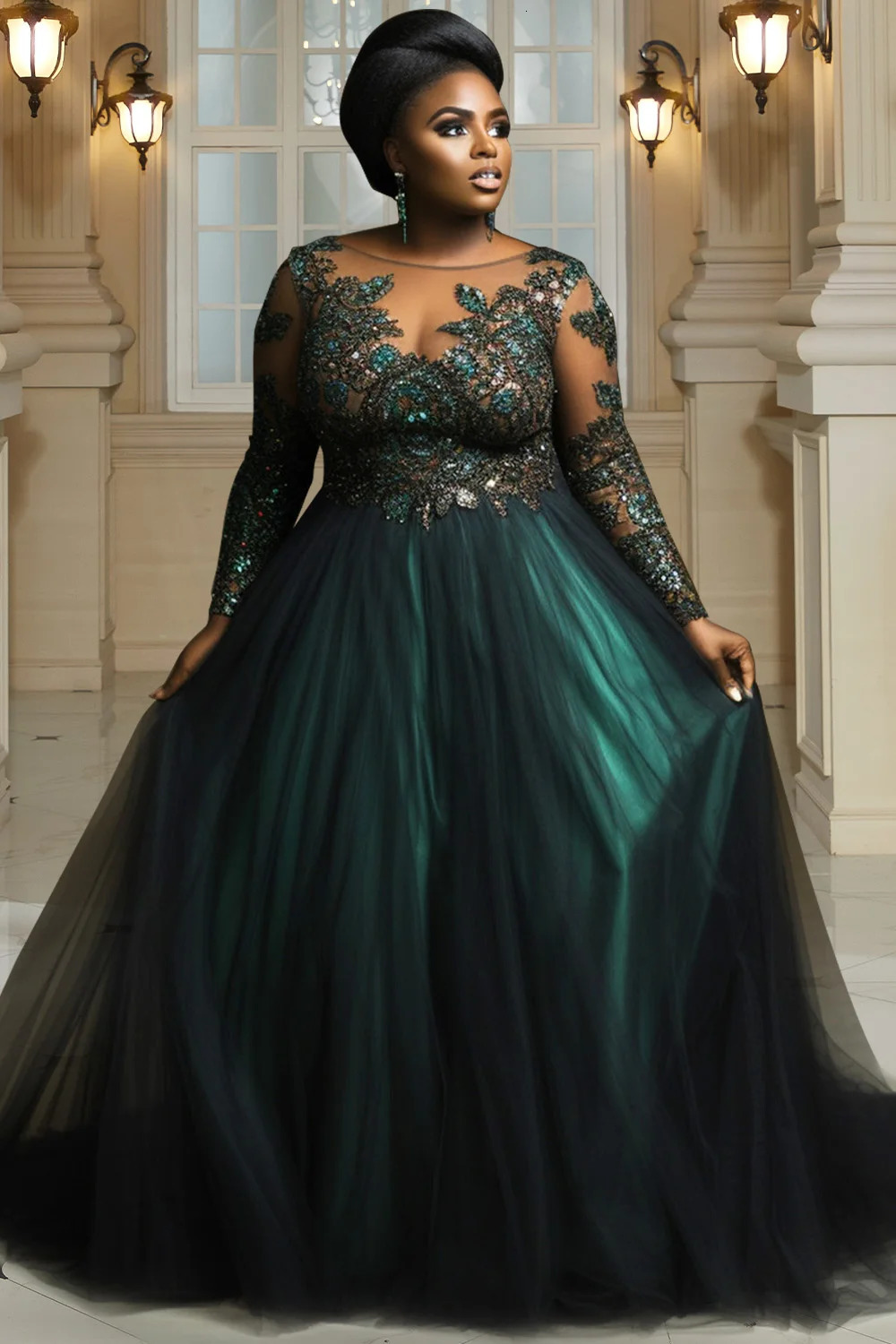 Plus Size Evening Gowns Green Long Sleeve Tulle Maxi Dresses 250610