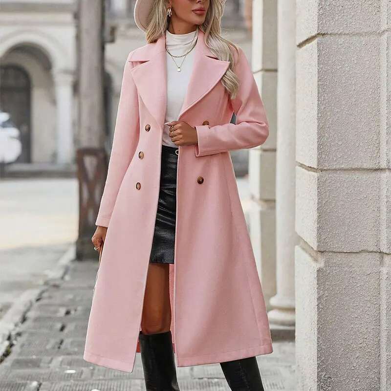 Women New Autumn Winter Pink Fashion Streetwear Suit Collar Button Elegant Lady Coat Trench Slim Versatile Clothing