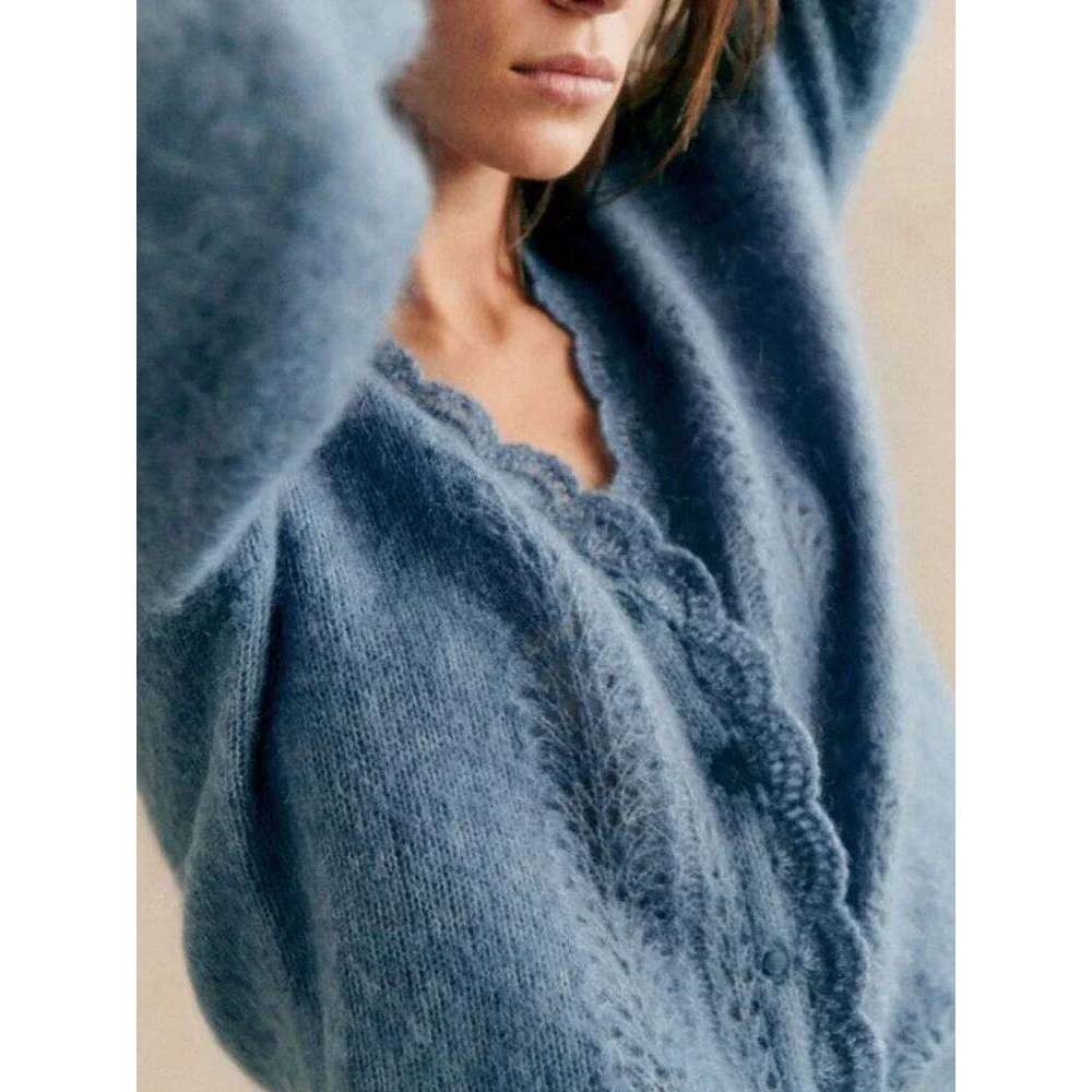 Haze Blue Mohair Cardigan Autumn and Winter Crochet V-Neck Hollow Puff Sleeve Sweater Women