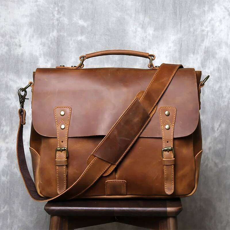 British Retro Crazy Horse Handbag Men's Messenger Bag Large-Capacity Postman Computer Baotou Leather Briefcase