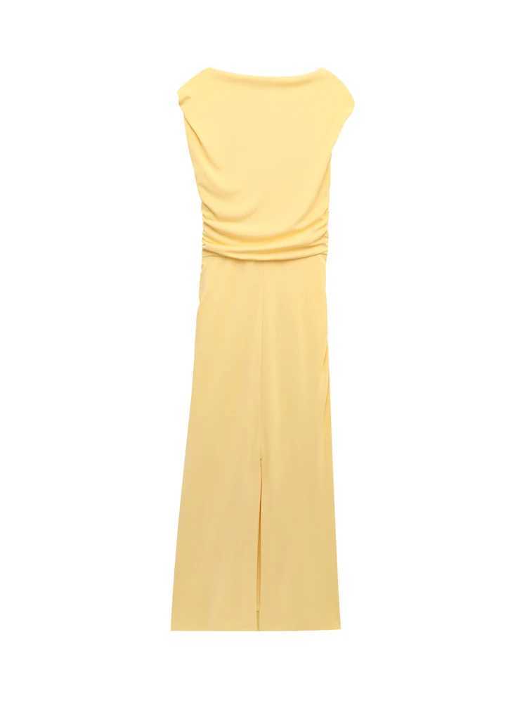 TRAF Yellow Draped Long Dresses for Women Asymmetric Summer Dress Woman 2025 Sleeveless Party Womens Dresses Pleated Beach Dress XJ250610
