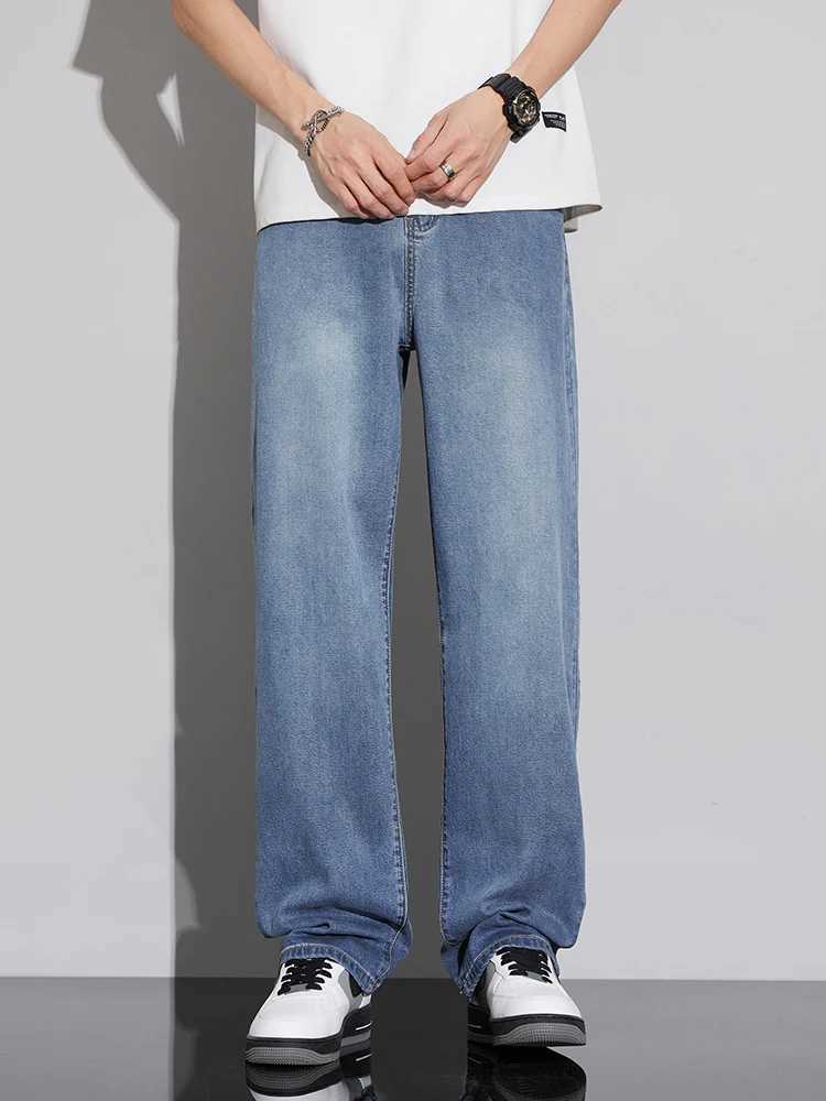 Summer Ultra-thin Lyocell Mens Jeans Soft Drape Loose Comfortable Wide-leg Ice Silk Pants Retro Elastic Casual Trousers M250610
