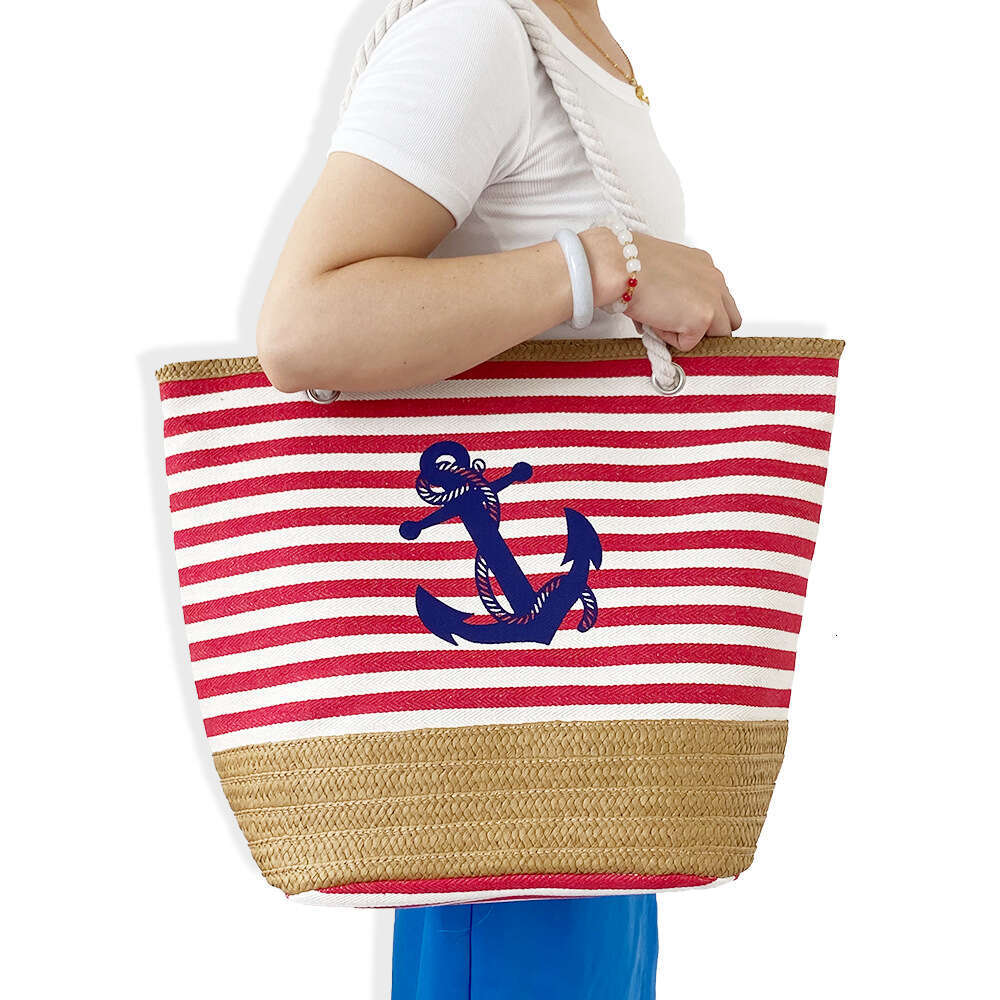 Casual Fashion Woven Summer Large Capacity Striped Canvas Straw Bag For The Beach