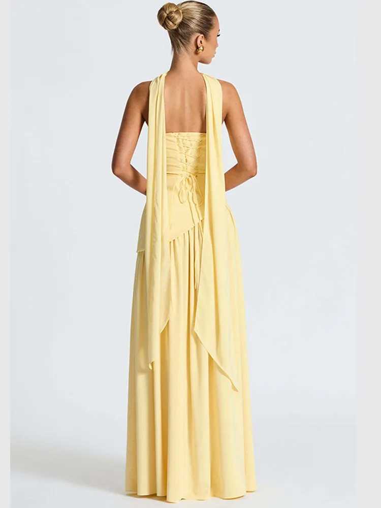 Yellow Scarf Collar Strapless Party Dress Women 2025 New High Slit Backless Spliced Pleated Robes Female Summer Party Prom Gowns XJ250610