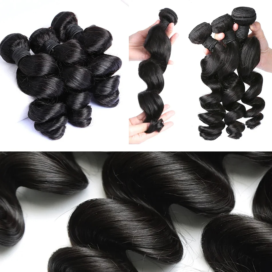 10 inch Hair Bundles Brazilian Loose Wave Virgin Human Hair 3/4 PC Natural Color Hair Extensions For Black Women Bundles Raw Hair Bundles 4x4 Lace Bra