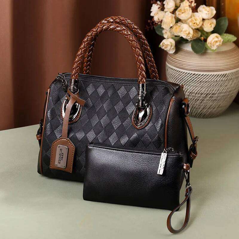 Woven Women's Handbag With Wallet 2024 Vintage European And American Checkered Women Shoulder Bag Large Capacity Boston Lady Bag