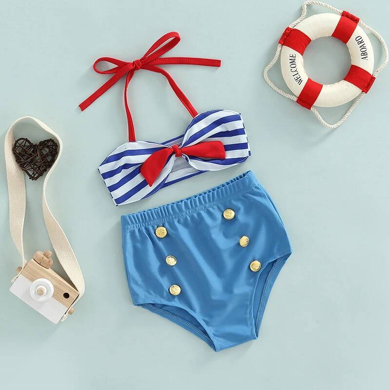 Yiiciovy Cute Baby Girls Swimwear 2 Pcs Bowknot Bikini Set Summer Hanging Neck Striped Top Elastic Waist Button Shorts
