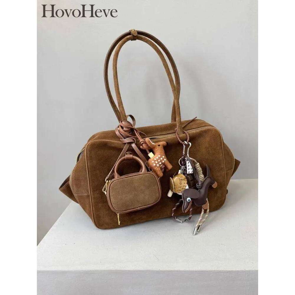 Autumn Winter Retro Suede Cowskin Tote Handbag Women Large Capacity Genuine Leather Armpit Bags Office Lady Single Shoulder Bag