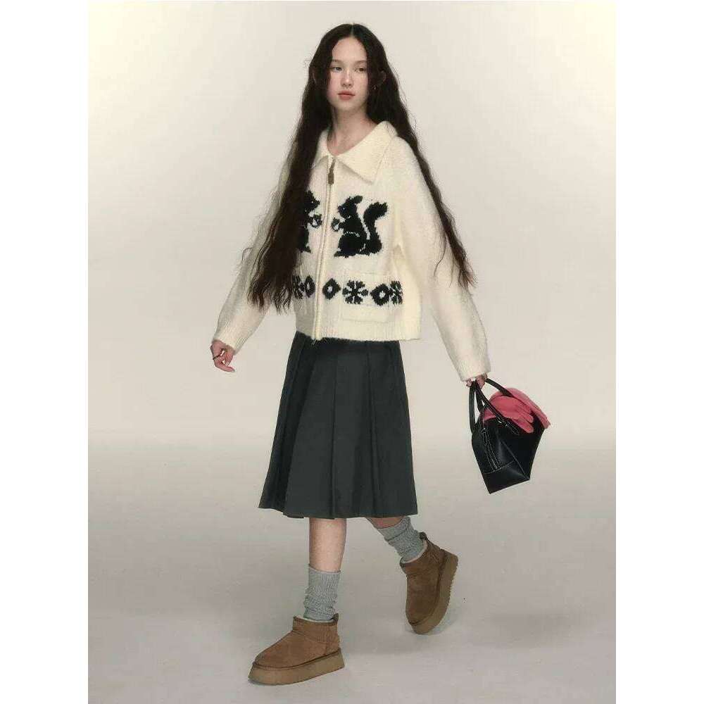 ADAgirl Kawaii Squirrel Graphic Women Cardigan Oversized Sweater Zipper Long Sleeve Knitwear Cutecore Christmas Winter Clothes