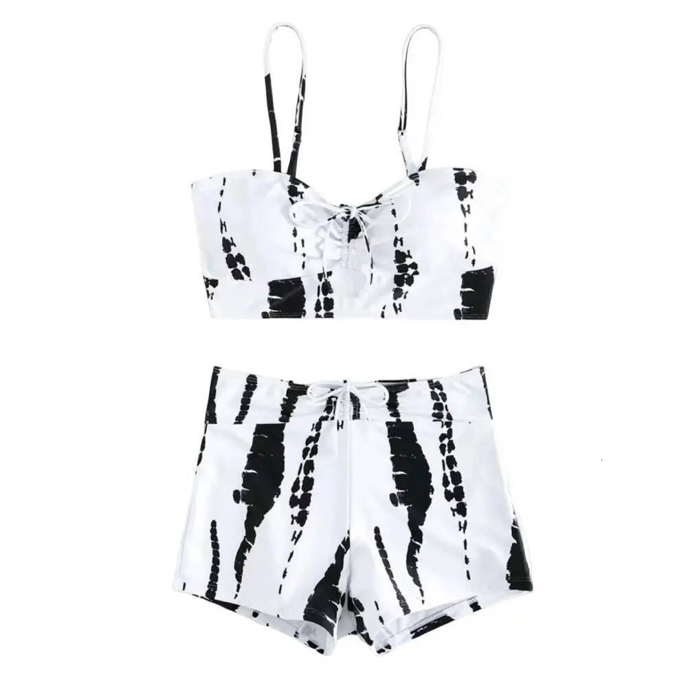 Swimsuit Stylish Lace-up Bikini Set with Push Up Design High Waist Elastic Band Women Contrast for Beachwear